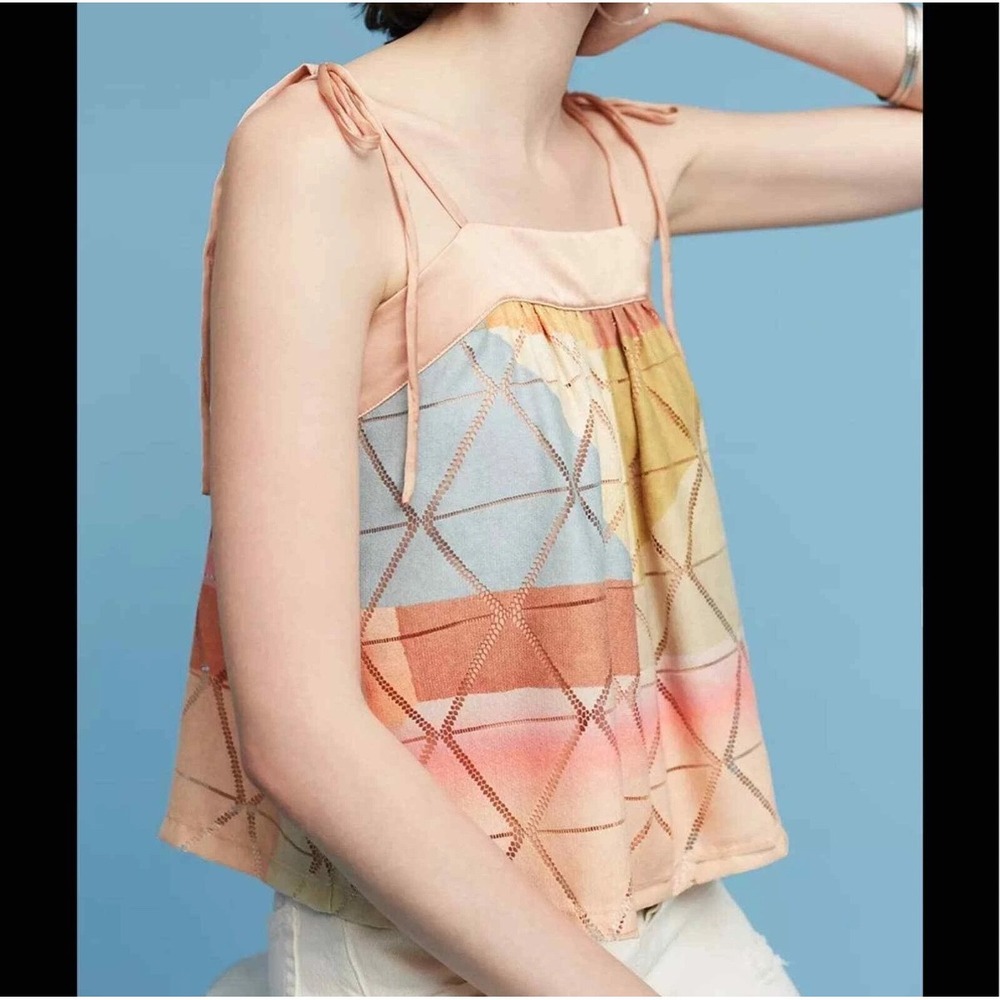 Anthroplogie AKEMI + KIN Geometric Patchwork Tie Strap Tank Top Peach Pastel M